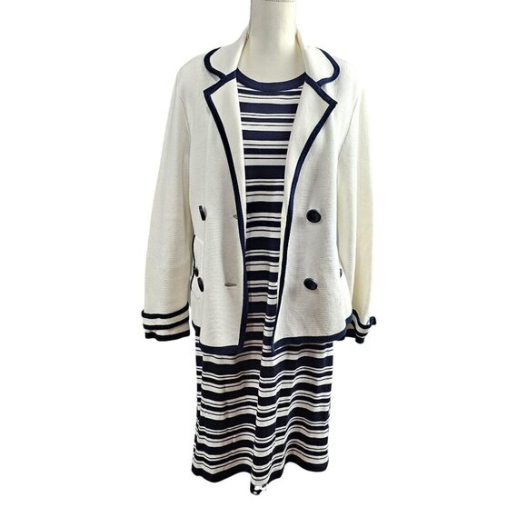 Talbots Knit Double Breast Ivory & Navy Blazer Stripe Cotton Midi Dress Set - Picture 5 of 12